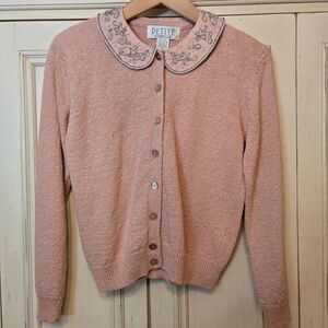 Vintage Petite Sophisticate Pink Beaded Cardigan S